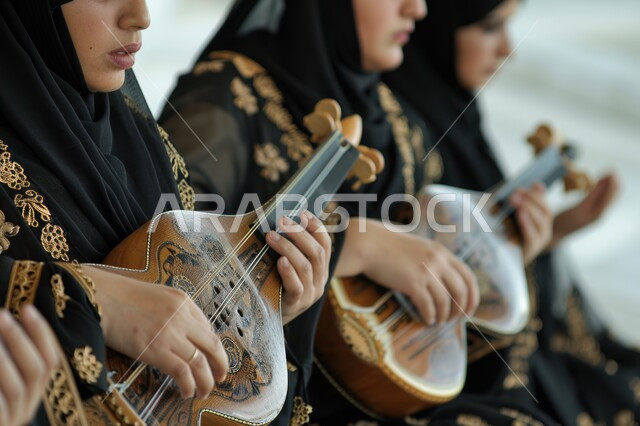 ممارسة هواية العزف باستخدام آلة الكمان الوترية، مجموعة من الشابات الخليجيات السعوديات المحجبات يقومون بالعزف على آلة الكمان، تقديم البرامج والفنون الموسيقية والفن المسرحي، مواهب فنية موسيقية، جلسة وناسة وطرب