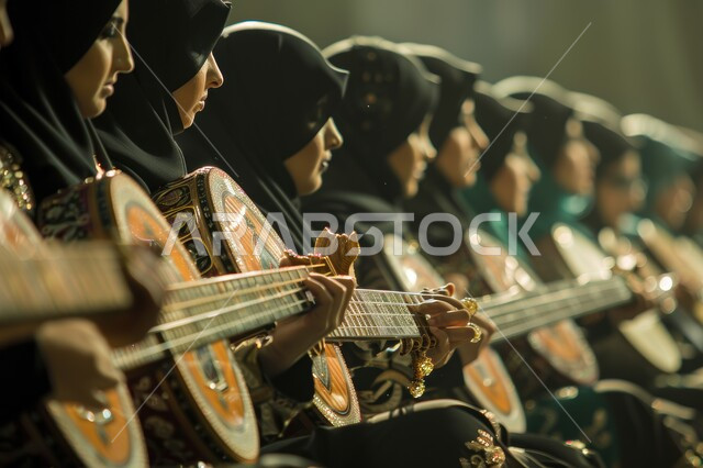 ممارسة هواية العزف باستخدام آلة الكمان الوترية، مجموعة من الشابات الخليجيات السعوديات المحجبات يقومون بالعزف على آلة الكمان، تقديم البرامج والفنون الموسيقية والفن المسرحي، مواهب فنية موسيقية، جلسة وناسة وطرب