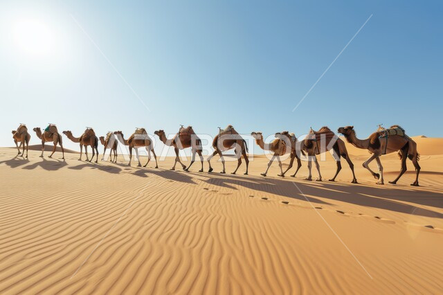 استخدام الإبل في التنقل في صحارى المملكة العربية السعودية، مجموعة من الجمال تسير فوق الكثبان الرملية في الصحراء، المناظر الطبيعية والرمال الذهبية الناعمة، أماكن سياحية صحراوية