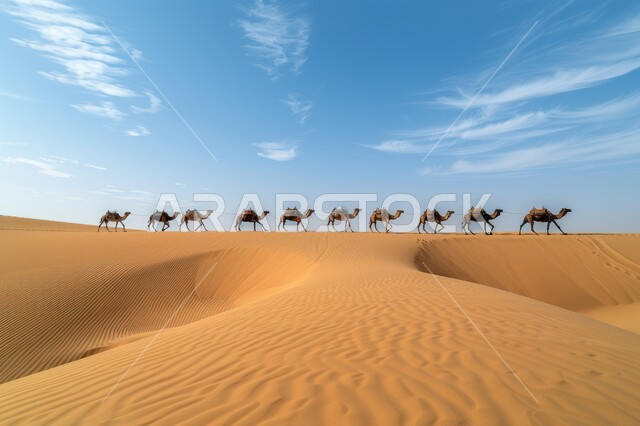  استخدام الإبل في التنقل في صحارى المملكة العربية السعودية، مجموعة من الجمال تسير فوق الكثبان الرملية في الصحراء، المناظر الطبيعية والرمال الذهبية الناعمة، أماكن سياحية صحراوية