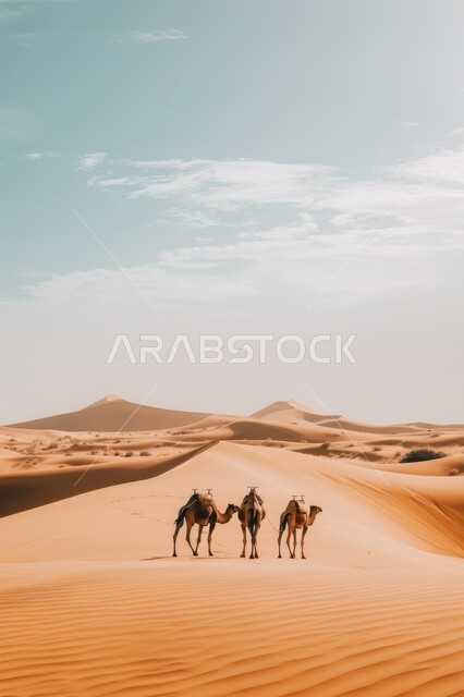  استخدام الإبل في التنقل في صحارى المملكة العربية السعودية، مجموعة من الجمال تسير فوق الكثبان الرملية في الصحراء، المناظر الطبيعية والرمال الذهبية الناعمة، أماكن سياحية صحراوية