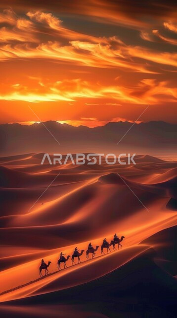 منظر الشمس في وقت الغروب، المناظر الطبيعية والرمال الذهبية الناعمة، استخدام الإبل في التنقل في صحارى المملكة العربية السعودية، مجموعة من الجمال تسير فوق الكثبان الرملية في الصحراء، أماكن سياحية صحراوية