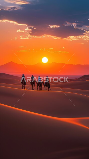 منظر الشمس في وقت الغروب، المناظر الطبيعية والرمال الذهبية الناعمة، استخدام الإبل في التنقل في صحارى المملكة العربية السعودية، مجموعة من الجمال تسير فوق الكثبان الرملية في الصحراء، أماكن سياحية صحراوية