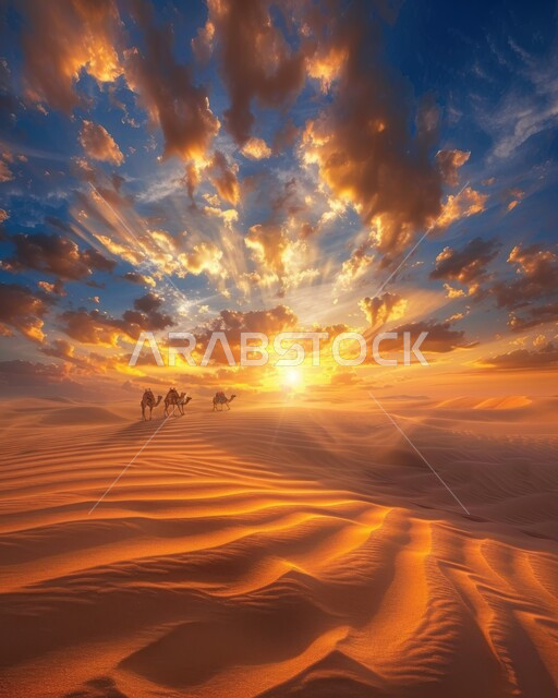 منظر الشمس في وقت الغروب، المناظر الطبيعية والرمال الذهبية الناعمة، استخدام الإبل في التنقل في صحارى المملكة العربية السعودية، مجموعة من الجمال تسير فوق الكثبان الرملية في الصحراء، أماكن سياحية صحراوية