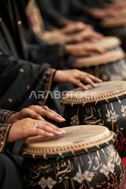 المشاركة في الفعاليات والأعياد والمهرجانات الشعبية، إظهار الولاء والحب للدولة السعودية، احياء العادات القديمة، صورة مقربة ليدين إمراة عربية خليجية سعودية تقوم بقرع الطبول، ارتداء الأزياء الشعبية التقليدية التراثية في المناسبات الوطنية