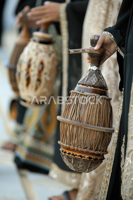 المشاركة في الفعاليات والأعياد والمهرجانات الشعبية، إظهار الولاء والحب للدولة السعودية، احياء العادات القديمة، صورة مقربة ليدين إمراة عربية خليجية سعودية تمسك الطبل، ارتداء الأزياء الشعبية التقليدية التراثية في المناسبات الوطنية