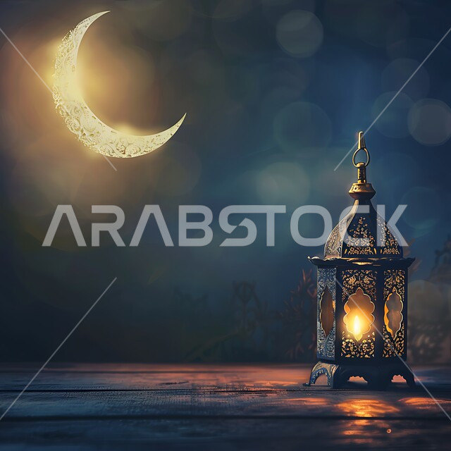 The view of the crescent moon in the sky, Arab customs and traditions in decorating holidays and religious occasions, the distinctive engravings of metal lanterns, preparing to welcome the holy month of Ramadan.