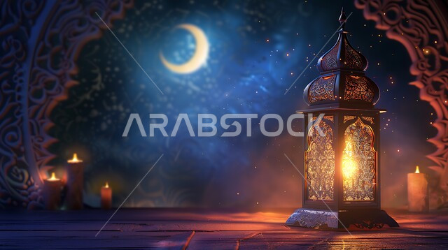 The view of the crescent moon in the sky, Arab customs and traditions in decorating holidays and religious occasions, the distinctive engravings of metal lanterns, preparing to welcome the holy month of Ramadan.