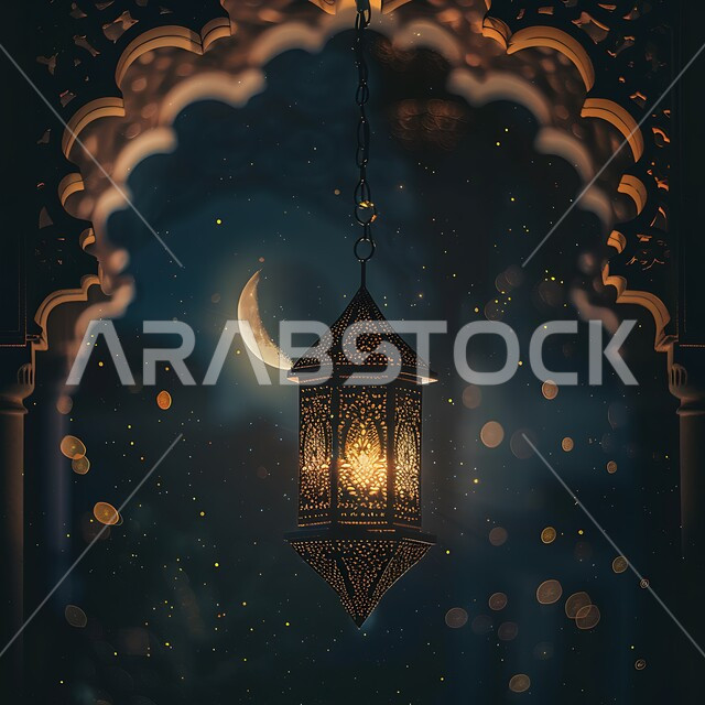 العادات والتقاليد العربية في زينة الأعياد والمناسبات الدينية، النقوش المميزة للفوانيس المعدنية المعلقة، الاستعداد لاستقبال شهر رمضان المبارك، منظر الهلال في السماء