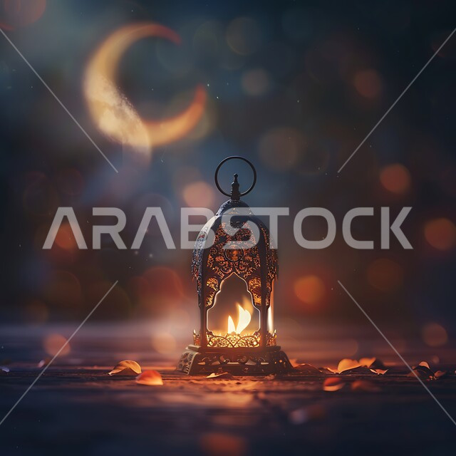 الاحتفال بالمناسبات والأعياد الدينية، الاستعداد لاستقبال شهر رمضان المبارك،  الفوانيس المعدنية المزخرفة المضيئة، الزينة والاكسسوارات العربية، منظر الهلال في السماء