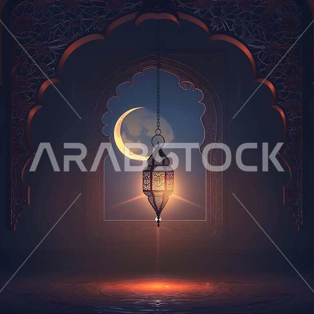 تصاميم هندسية إسلامية،  الاستعداد لاستقبال شهر رمضان المبارك، الفوانيس  المعدنيةالمعلقة، أنوار مزخرفة مضيئة، الزينة والاكسسوارات العربية، منظر الهلال في السماء