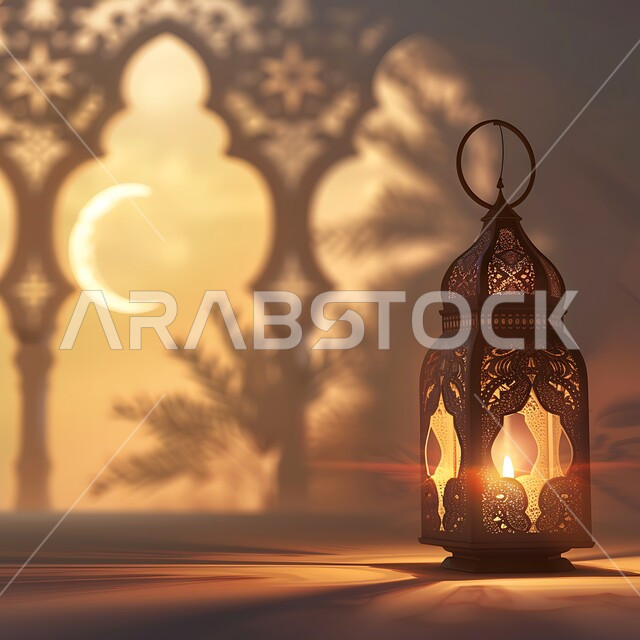 تصاميم هندسية إسلامية،  الاستعداد لاستقبال شهر رمضان المبارك، الفوانيس  المعدنية المزخرفة المضيئة، الزينة والاكسسوارات العربية، منظر الهلال في السماء