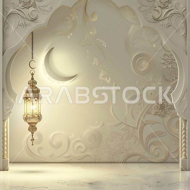 Islamic geometric designs, preparing to welcome the holy month of Ramadan, metal lantern and hanging crescent, illuminated decorative lights, Arabic decorations and accessories