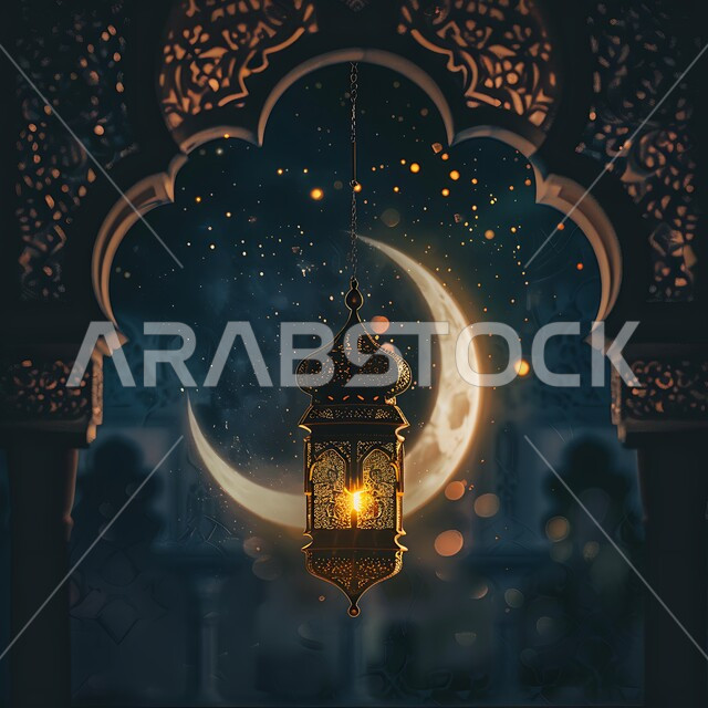 تصاميم هندسية إسلامية،  الاستعداد لاستقبال شهر رمضان المبارك، الفوانيس  المعدنيةالمعلقة، أنوار مزخرفة مضيئة، الزينة والاكسسوارات العربية، منظر الهلال في السماء