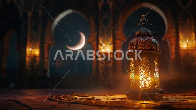 تصاميم هندسية إسلامية،  الاستعداد لاستقبال شهر رمضان المبارك، الفوانيس  المعدنية المزخرفة المضيئة، الزينة والاكسسوارات العربية، منظر الهلال في السماء