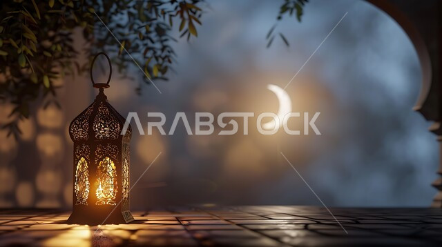 الاستعداد والتجهيز لاستقبال شهر رمضان المبارك،   الفوانيس المعدنية المزخرفة المضيئة، تحف تقليدية تعبر عن الفن الإسلامي، الزينة والاكسسوارات العربية، منظر الهلال في السماء