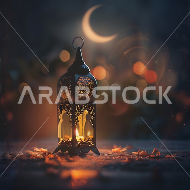 الاستعداد والتجهيز لاستقبال شهر رمضان المبارك،   الفوانيس المعدنية المزخرفة المضيئة، تحف تقليدية تعبر عن الفن الإسلامي، الزينة والاكسسوارات العربية، منظر الهلال في السماء