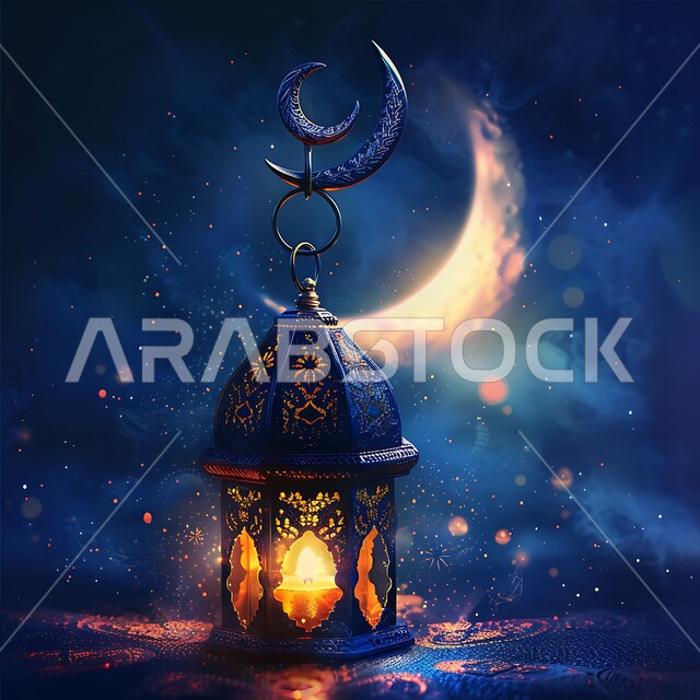 الاستعداد والتجهيز لاستقبال شهر رمضان المبارك،   الفوانيس المعدنية المزخرفة المضيئة، تحف تقليدية تعبر عن الفن الإسلامي، الزينة والاكسسوارات العربية، منظر الهلال في السماء