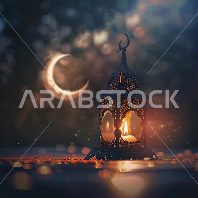 شهر رمضان المبارك،  فخامة ورقي الديكورات،  الفوانيس المعدنية المزخرفة المضيئة، تحف تقليدية تعبر عن الفن الإسلامي، الزينة والاكسسوارات العربية، منظر الهلال في السماء
