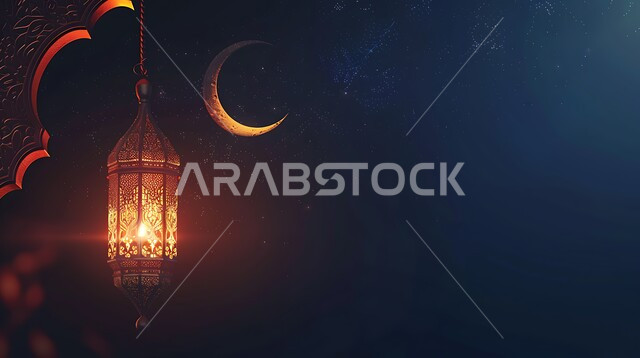 شهر رمضان المبارك،  فخامة ورقي الديكورات،  الفوانيس المعدنية المعلقة،  أنوار مزخرفة مضيئة، تحف تقليدية تعبر عن الفن الإسلامي، الزينة والاكسسوارات العربية، منظر الهلال في السماء