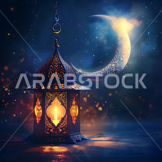 شهر رمضان المبارك،  فخامة ورقي الديكورات،  الفوانيس المعدنية المزخرفة المضيئة، تحف تقليدية تعبر عن الفن الإسلامي، الزينة والاكسسوارات العربية، منظر الهلال في السماء