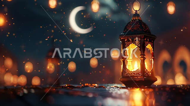 فخامة ورقي الديكورات الرمضانية، الفوانيس المعدنية المزخرفة المضيئة، تحف تقليدية للاحتفال بقدوم شهر الخير، الزينة والاكسسوارات العربية والفن الإسلامي، منظر الهلال في السماء