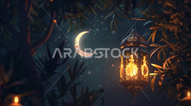 فخامة ورقي الديكورات الرمضانية، الفوانيس المعدنية المعلقة، أنوار مزخرفة مضيئة، تحف تقليدية للاحتفال بقدوم شهر الخير،  الزينة والاكسسوارات العربية والفن الإسلامي، منظر الهلال في السماء