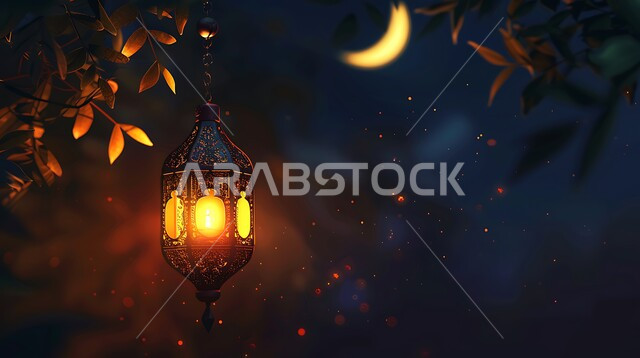 فخامة ورقي الديكورات الرمضانية، الفوانيس المعدنية المعلقة، أنوار مزخرفة مضيئة، تحف تقليدية للاحتفال بقدوم شهر الخير،  الزينة والاكسسوارات العربية والفن الإسلامي، منظر الهلال في السماء