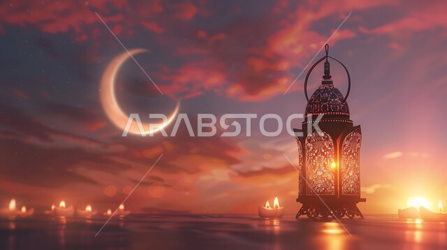 The elegance and sophistication of Ramadan decorations, illuminated decorative metal lanterns, traditional antiques to celebrate the coming of the month of goodness, Arabic decorations and accessories, Islamic art, the view of the crescent moon in the sky.