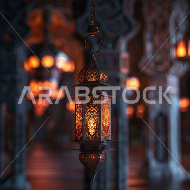 أنوار وديكورات في الأجواء الرمضانية الروحانية، فانوس  معدني معلق مزخرف مضيء، تحف تقليدية للاحتفال بقدوم شهر الخير،  الزينة والاكسسوارات العربية والفن الإسلامي