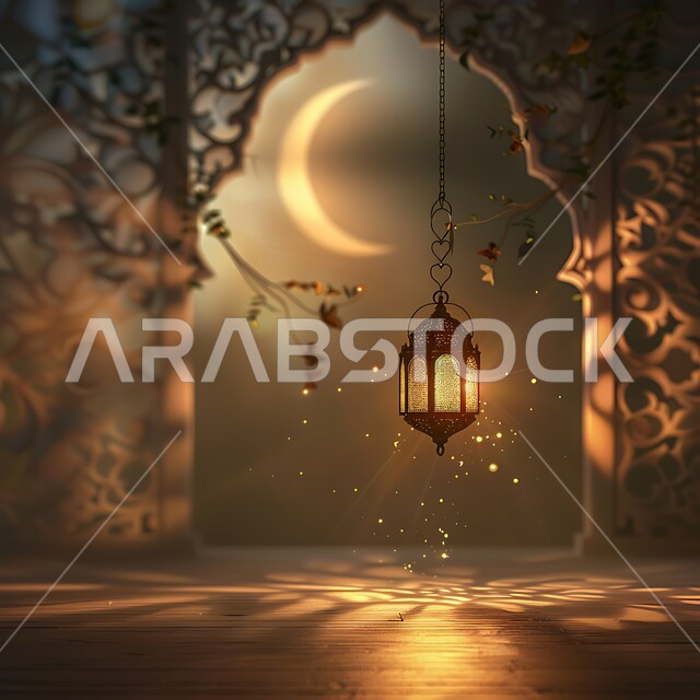 Lights and decorations in the spiritual Ramadan atmosphere, a hanging decorative illuminated metal lantern, traditional antiques to celebrate the coming of the month of goodness, Arabic decorations and accessories, Islamic art, the view of the crescent moon in the sky.
