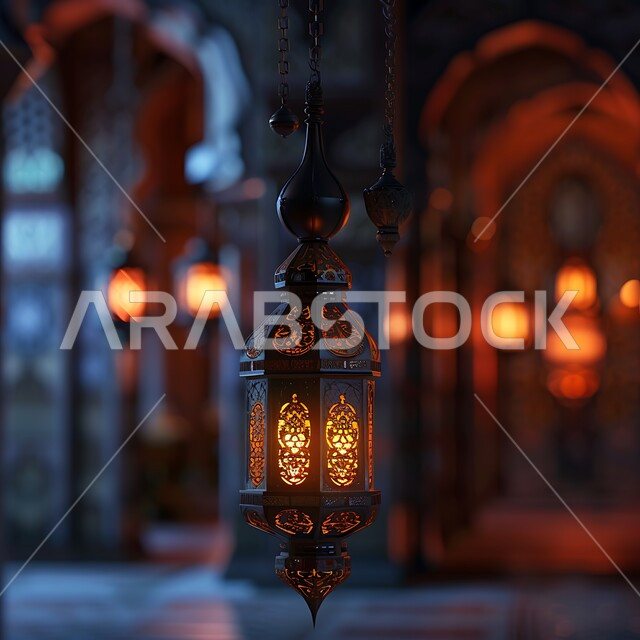Lights and decorations in the spiritual Ramadan atmosphere, a hanging, decorative, illuminated metal lantern, traditional antiques to celebrate the coming of the month of goodness, Arabic decorations and accessories, and Islamic art.