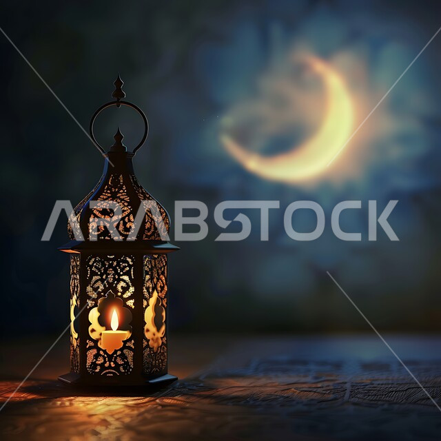 أنوار وديكورات في الأجواء الرمضانية الروحانية، فانوس  معدني مزخرف مضيء، تحف تقليدية للاحتفال بقدوم شهر الخير، الزينة والاكسسوارات العربية والفن الإسلامي، منظر الهلال في السماء