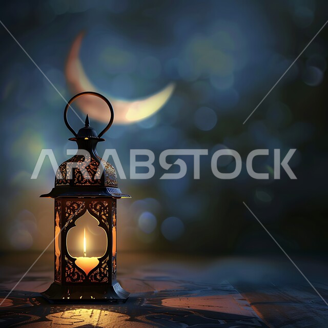 Lights and decorations in the spiritual Ramadan atmosphere, a illuminated decorative metal lantern, traditional antiques to celebrate the coming of the month of goodness, Arabic decorations and accessories, Islamic art, the view of the crescent moon in the sky.