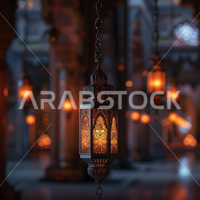فانوس معدني معلق مزخرف مضيء، تحف تقليدية للاحتفال بقدوم شهر الخير،  الزينة والاكسسوارات العربية والفن الإسلامي،  أنوار وديكورات في الأجواء الرمضانية الروحانية