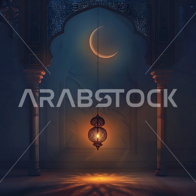 فانوس معدني معلق مزخرف مضيء، تحف تقليدية للاحتفال بقدوم شهر الخير،  الزينة والاكسسوارات العربية والفن الإسلامي،  أنوار وديكورات في الأجواء الرمضانية الروحانية، منظر الهلال في السماء