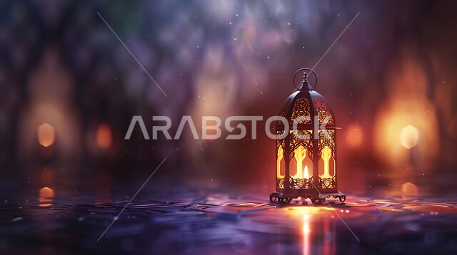 Luminous decorative metal lantern, traditional antiques to celebrate the coming of the month of goodness, Arabic decorations and accessories, Islamic art, lights and decorations in the spiritual Ramadan atmosphere.