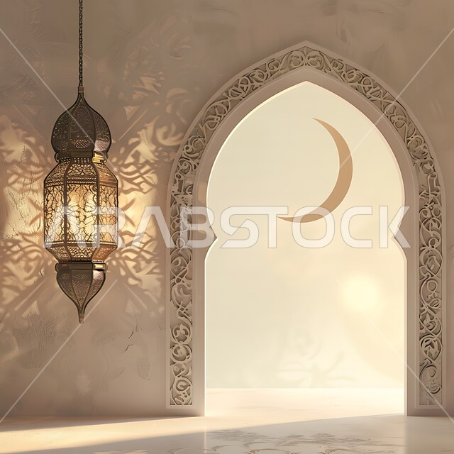 فانوس معدني معلق مزخرف مضيء، تحف تقليدية للاحتفال بقدوم شهر الخير،  الزينة والاكسسوارات العربية والفن الإسلامي،  أنوار وديكورات في الأجواء الرمضانية الروحانية، منظر الهلال في السماء