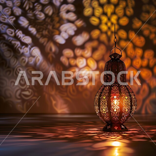 فانوس معدني مزخرف مضيء، تحف تقليدية للاحتفال بقدوم شهر الخير،  الزينة والاكسسوارات العربية والفن الإسلامي،  أنوار وديكورات في الأجواء الرمضانية الروحانية