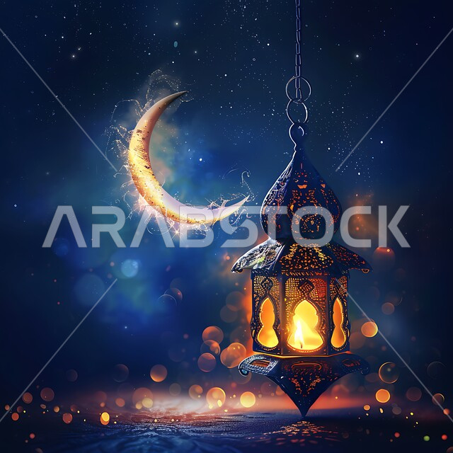 الزينة والاكسسوارات العربية والفن الإسلامي،  تحف تقليدية للاحتفال بقدوم شهر الخير، فانوس معدني معلق مزخرف مضيء،  أنوار وديكورات في الأجواء الرمضانية الروحانية، منظر الهلال في السماء