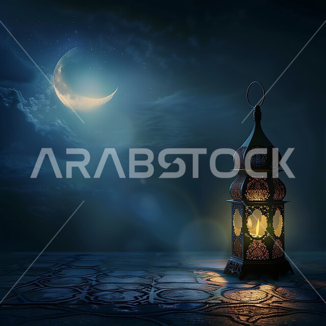 الزينة والاكسسوارات العربية والفن الإسلامي،  تحف تقليدية للاحتفال بقدوم شهر الخير، فانوس معدني مزخرف مضيء،  أنوار وديكورات في الأجواء الرمضانية الروحانية، منظر الهلال في السماء