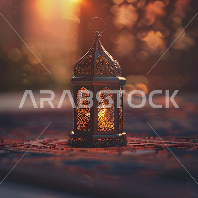 الزينة والاكسسوارات العربية والفن الإسلامي،  تحف تقليدية للاحتفال بقدوم شهر الخير، فانوس معدني مزخرف مضيء،  أنوار وديكورات في الأجواء الرمضانية الروحانية