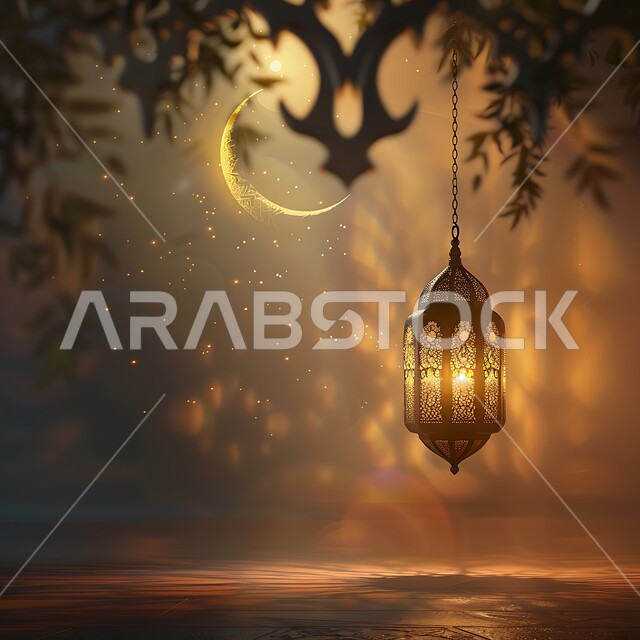 الزينة والاكسسوارات العربية والفن الإسلامي،  تحف تقليدية للاحتفال بقدوم شهر الخير، فانوس معدني معلق مزخرف مضيء،  أنوار وديكورات في الأجواء الرمضانية الروحانية، منظر الهلال في السماء
