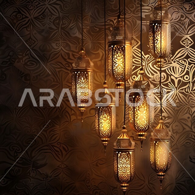 مجموعه من الفوانيس المعلقة العربية المعدنية المزخرفة المضيئة، ديكورات وأنوار ذهبية في الأجواء الرمضانية الروحانية في المملكة العربية السعودية, الاحتفال بقدوم شهر الخير، الفن الاسلامي للتحف والاكسسوارات، مناسبات دينية اسلامية، إضاءة وزينة رمضان المبارك