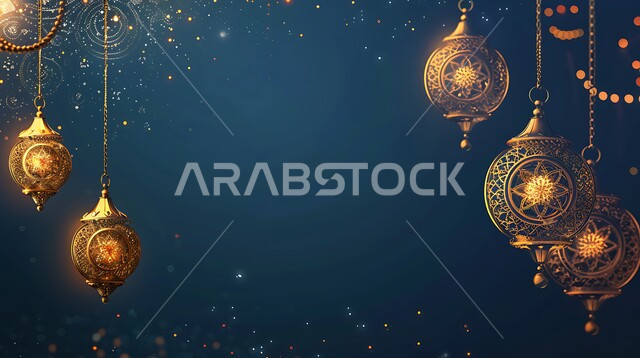 مجموعه من الفوانيس المعلقة العربية المعدنية المزخرفة المضيئة، ديكورات وأنوار ذهبية في الأجواء الرمضانية الروحانية في المملكة العربية السعودية, الاحتفال بقدوم شهر الخير، الفن الاسلامي للتحف والاكسسوارات، مناسبات دينية اسلامية، إضاءة وزينة رمضان المبارك