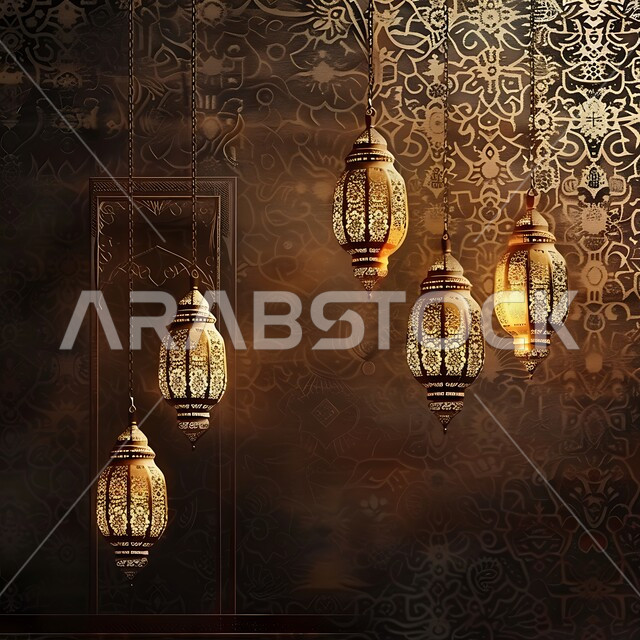 مجموعه من الفوانيس المعلقة العربية المعدنية المزخرفة المضيئة، ديكورات وأنوار ذهبية في الأجواء الرمضانية الروحانية في المملكة العربية السعودية, الاحتفال بقدوم شهر الخير، الفن الاسلامي للتحف والاكسسوارات، مناسبات دينية اسلامية، إضاءة وزينة رمضان المبارك