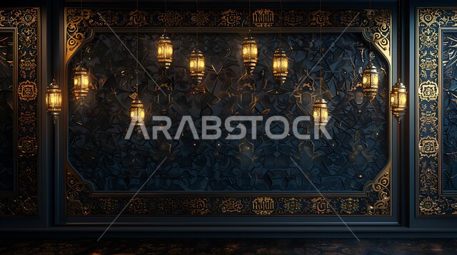 مجموعه من الفوانيس المعلقة العربية المعدنية المزخرفة المضيئة، ديكورات وأنوار ذهبية في الأجواء الرمضانية الروحانية في المملكة العربية السعودية, الاحتفال بقدوم شهر الخير، الفن الاسلامي للتحف والاكسسوارات، مناسبات دينية اسلامية، إضاءة وزينة رمضان المبارك