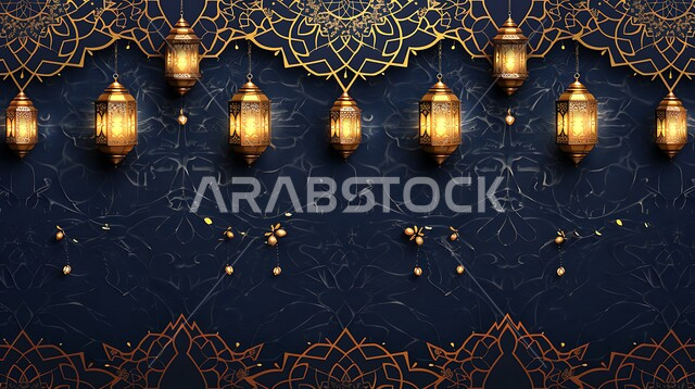 مجموعه من الفوانيس المعلقة العربية المعدنية المزخرفة المضيئة، ديكورات وأنوار ذهبية في الأجواء الرمضانية الروحانية في المملكة العربية السعودية, الاحتفال بقدوم شهر الخير، الفن الاسلامي للتحف والاكسسوارات، مناسبات دينية اسلامية، إضاءة وزينة رمضان المبارك