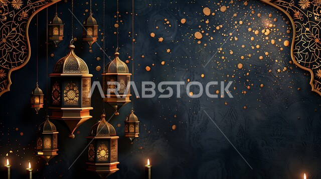 مجموعه من الفوانيس المعلقة العربية المعدنية المزخرفة المضيئة، ديكورات وأنوار ذهبية في الأجواء الرمضانية الروحانية في المملكة العربية السعودية, الاحتفال بقدوم شهر الخير، الفن الاسلامي للتحف والاكسسوارات، مناسبات دينية اسلامية، إضاءة وزينة رمضان المبارك