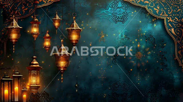 مجموعه من الفوانيس المعلقة العربية المعدنية المزخرفة المضيئة، ديكورات وأنوار ذهبية في الأجواء الرمضانية الروحانية في المملكة العربية السعودية, الاحتفال بقدوم شهر الخير، الفن الاسلامي للتحف والاكسسوارات، مناسبات دينية اسلامية، إضاءة وزينة رمضان المبارك
